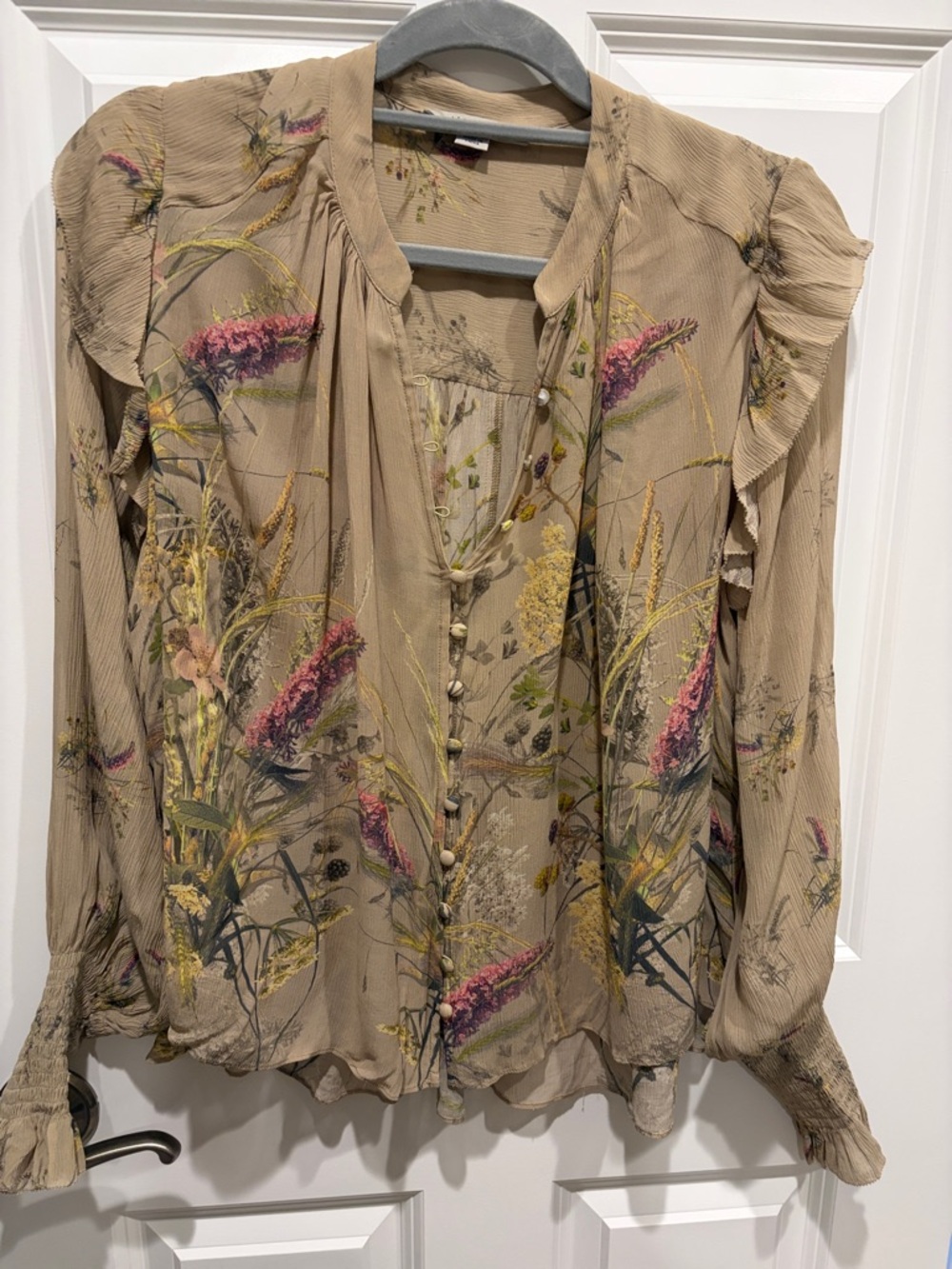 All Saints Beige Floral Button-Front Ruffle Blouse